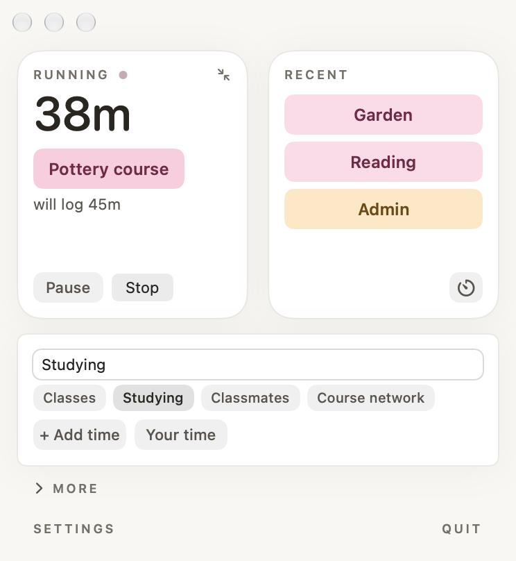 Steady's main window: a timer at 38 minutes on an effort called Pottery course, a note field with its parts beneath, and recent efforts beside it